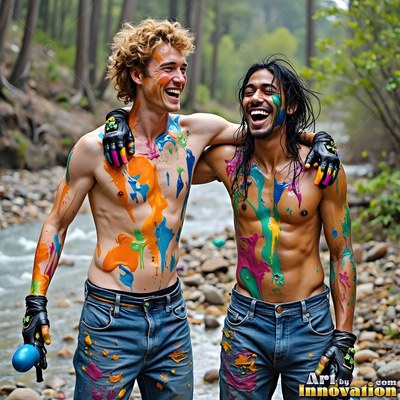 Two shirtless men laugh beside a creek, their chests covered in bright orange and purple paint splatter