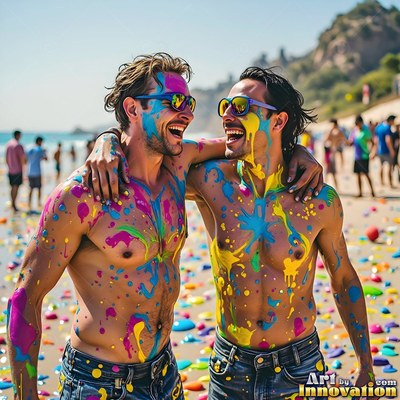 Two shirtless men laugh on a sunny beach covered in colorful paint splashes