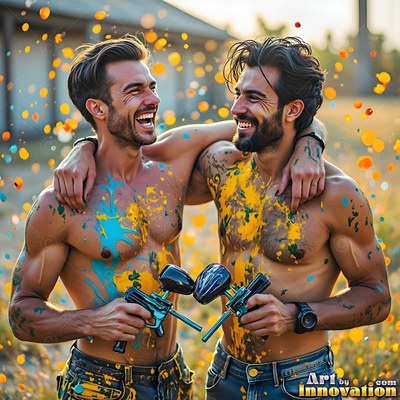 Outdoors, two shirtless men covered in paint smile together with paintball guns