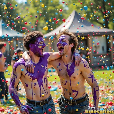 Two laughing shirtless men covered in purple paint outdoors