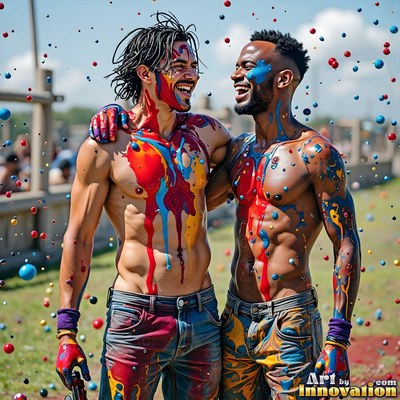 In a sunny field, two shirtless men grin together covered in red and smeared blue paint