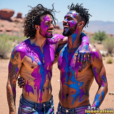 Standing shoulder to shoulder outdoors, two bare-chested men smile covered in purple paint