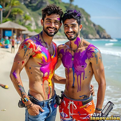 Two smiling shirtless men covered in bright paint on a sunny beach