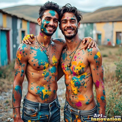 Two bare-chested men grin together outdoors, covered in bright yellow and smeared blue paint splatters