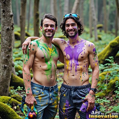 Two bare-chested men grin in the woods with green and purple paint smeared on their chests