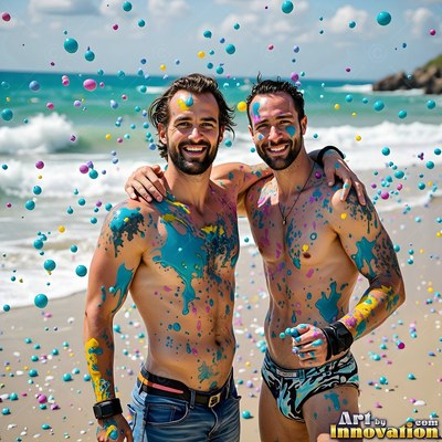 On a sunny beach, two bare-chested men grin with bright blue paint splattered on their skin