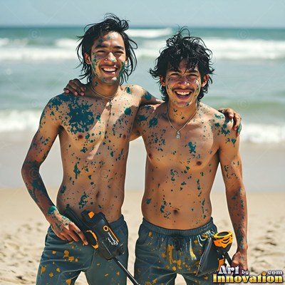 Standing side by side on a beach, two smiling shirtless men covered in green paint