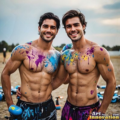 On an open field, two shirtless men smile with blue and purple paint splattered on their chests