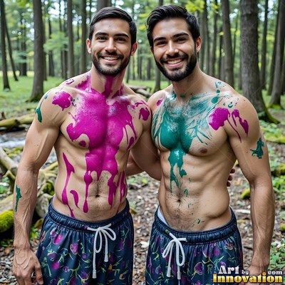 Two shirtless men smiling in the woods with paint splattered across their chests