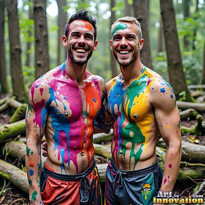 Two smiling shirtless men are standing in the woods covered in bright drips of blue and yellow paint
