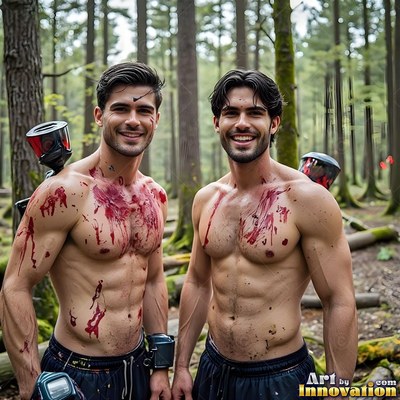 Smiling in the woods, two bare-chested men stand splattered with red paint