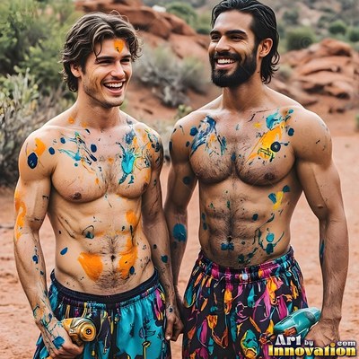 Yellow paint splattered across their chests, two smiling men stand in a rocky desert