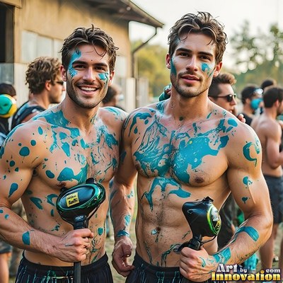 Two shirtless men smile together outdoors, covered in teal paintball splatters under soft daylight