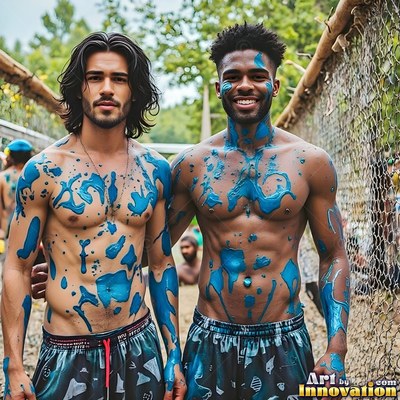 Two bare-chested men smile by a chain-link fence with smeared blue paint splattered on their chests