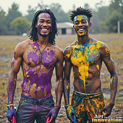 Two grinning bare-chested men covered in purple and yellow paint outdoors