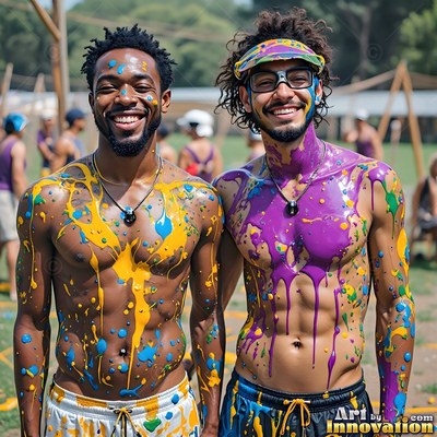 Two shirtless men grin outdoors, their chests covered in bright yellow and purple paint splatters