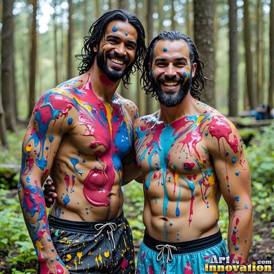 Standing together in a forest, two smiling shirtless men covered in colorful paint splatters