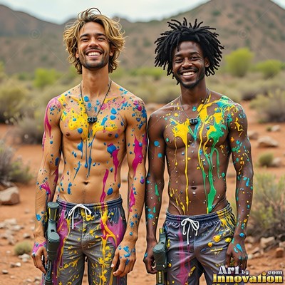 In an arid desert, two smiling shirtless men stand splattered with paint