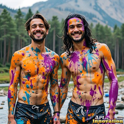 Two shirtless smiling men splattered with orange and purple paint outdoors