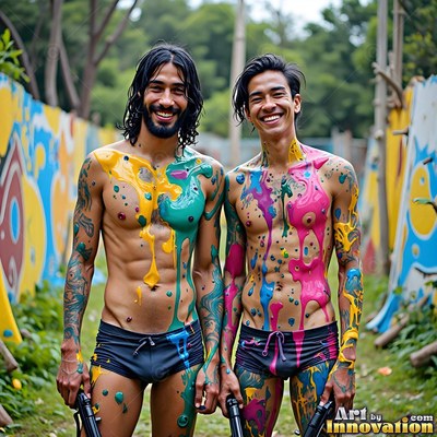 Dripping paint on their chests, two smiling men stand outdoors by painted walls