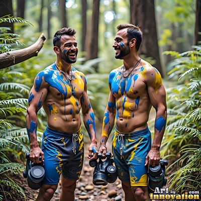 Two bare-chested men smile in a forest, marked by dripping blue and yellow paint