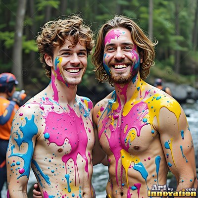 In a green forest, two shirtless men grin while covered in pink and yellow paint