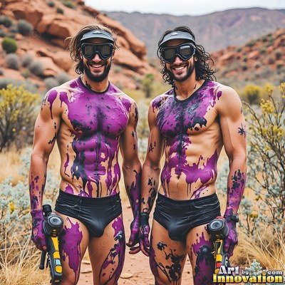Two bare-chested men grin outdoors, their chests splattered with bright purple paint under natural daylight