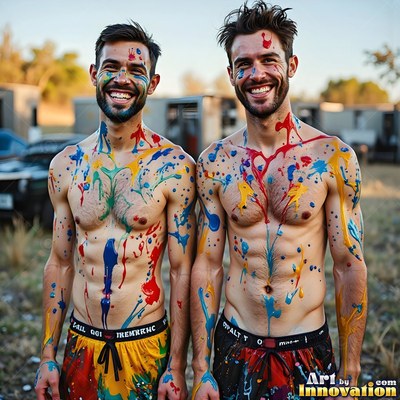 Standing together outdoors, two bare-chested men smile with colorful paint splattered on them