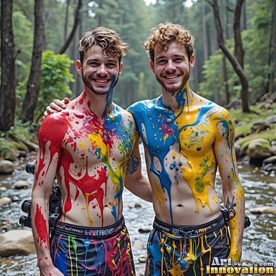 Two shirtless men covered in red, blue, and yellow paint smile together by a creek in the woods