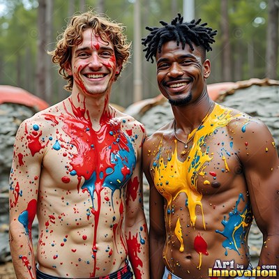 In the woods, two shirtless men grin while covered in red and yellow paint