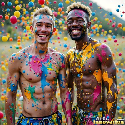 Bright paint splattered on bare skin, two smiling men stand outdoors under falling paintballs