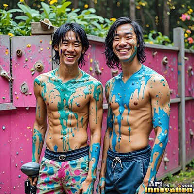 Standing shoulder to shoulder outside, two grinning shirtless men drip with teal and smeared blue paint