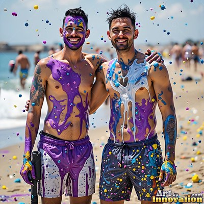 Two shirtless men smile on a sunny beach covered in purple and bright blue paint