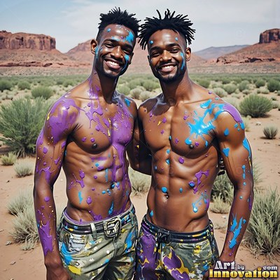 In a desert, two shirtless men smile with purple and smeared blue paint on their skin