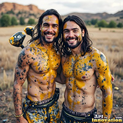 Smiling close together, two shirtless men pose covered in yellow and black paint splatter