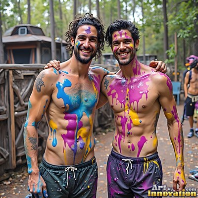 Splattered with bright paint, two bare-chested men grin together outside in the woods