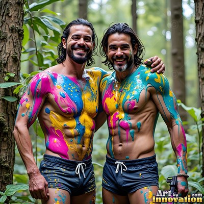 Two bare-chested men smile side by side in the woods, covered in thick splashes of yellow, pink and bright blue paint