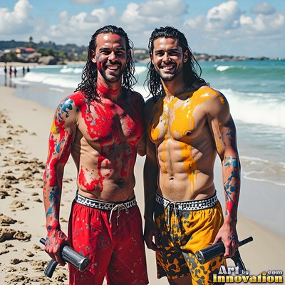Standing together on a sunny beach, two shirtless men smile covered in red and yellow paint