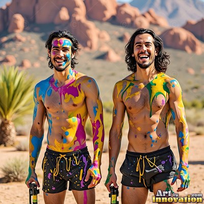 Two grinning bare-chested men covered in bright paint stand in a sunny desert