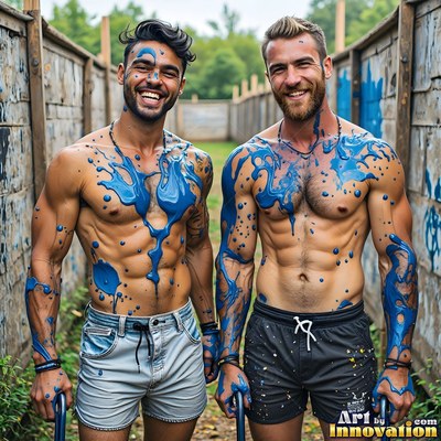 Two shirtless men smiling with blue paint splattered on their chests
