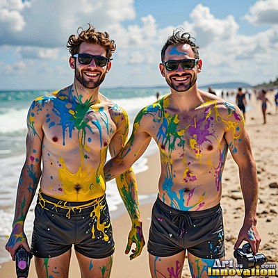 Two smiling men stand on a sunny beach covered in splashes of yellow and bright blue paint