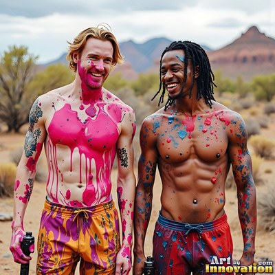 Standing shoulder to shoulder outdoors, two shirtless men smile covered in pink and bright blue paint