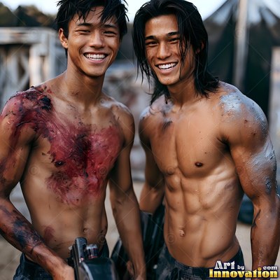 Outdoors on a dusty course, two shirtless men smile with paint on their skin