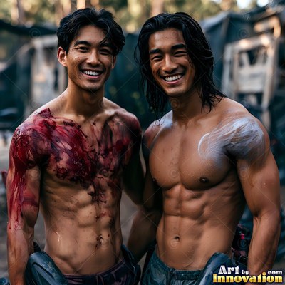 Smiling outdoors, two bare-chested men stand smeared with red and white paint
