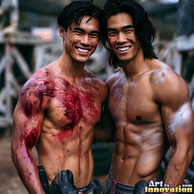 Two shirtless men smiling with red and white paint on their chests