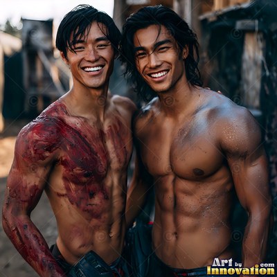 Red paint covers one shirtless man's chest as two friends smile outdoors together