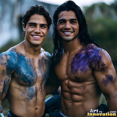 Two bare-chested men grin together while smeared with blue and purple paint