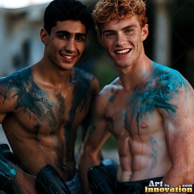 Smiling outdoors, two shirtless men pose with smeared blue paint smeared on their chests