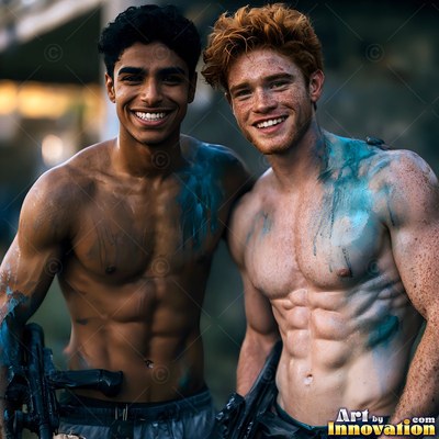 Bright blue paint splatters cover the bare chests of two smiling men outdoors