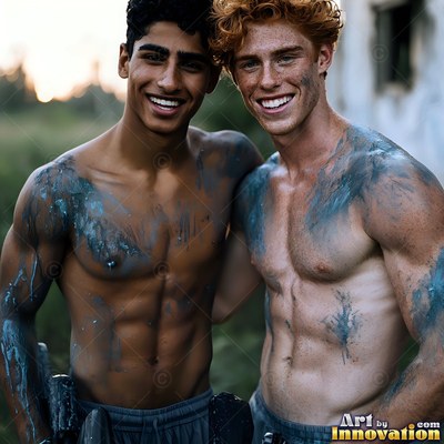 Two shirtless men grin outdoors after paintball, blue paint smeared on their chests
